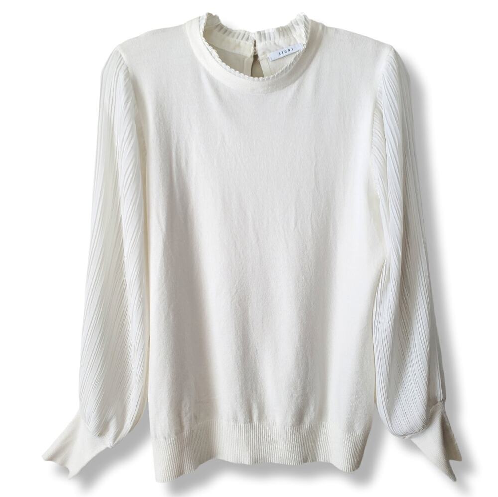 Sioni Ivory Women Mixed Media Pullover Sweater M Feminine Flowy Career Cottage